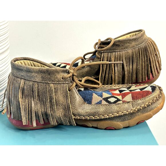 Twisted X Boots Bomber Tribal Pattern Leather Fringe Moccasin Size 6.5 - Picture 2 of 15